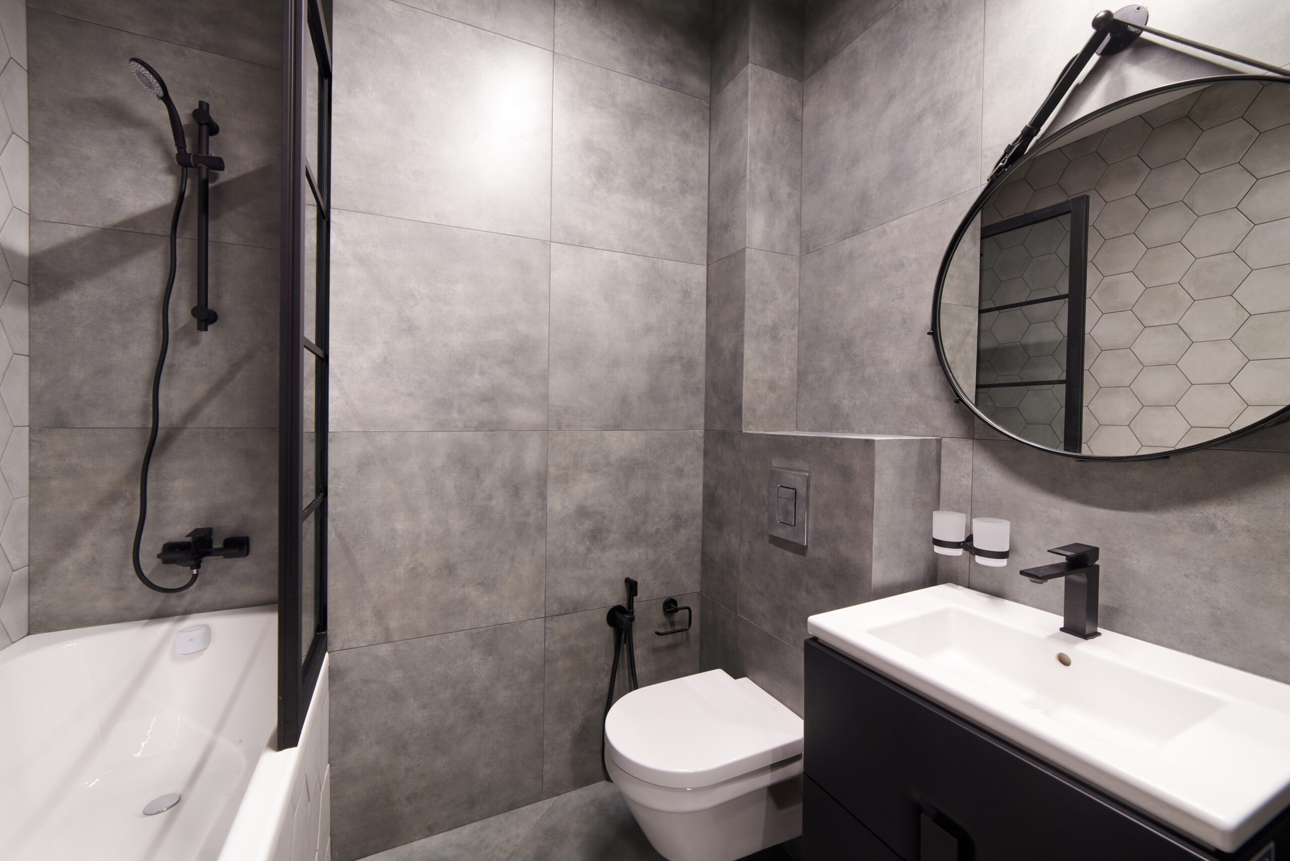 Modern Bathroom interior with stone wall